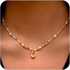 Initial Necklaces for Women Girls Kids - Light Colorful Beaded Pearl Initial Nec