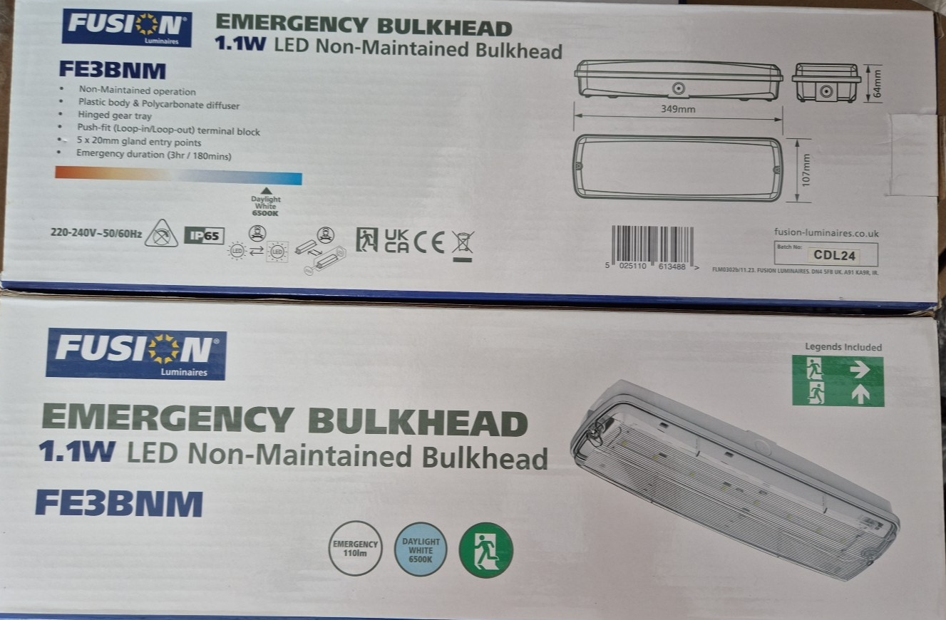 2 x Fusion Emergency LED Non-Maintained Bulkhead Light 1.1W + Legends - Incl VAT