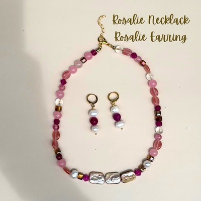 Rosalie Necklace & Earrings Set Freshwater Pearl Pink Gemstone Handmade