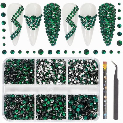 6Grids 3000Pcs Flatback Rhinestones , Dark Green Nail Gems Crystals Jewels, C...
