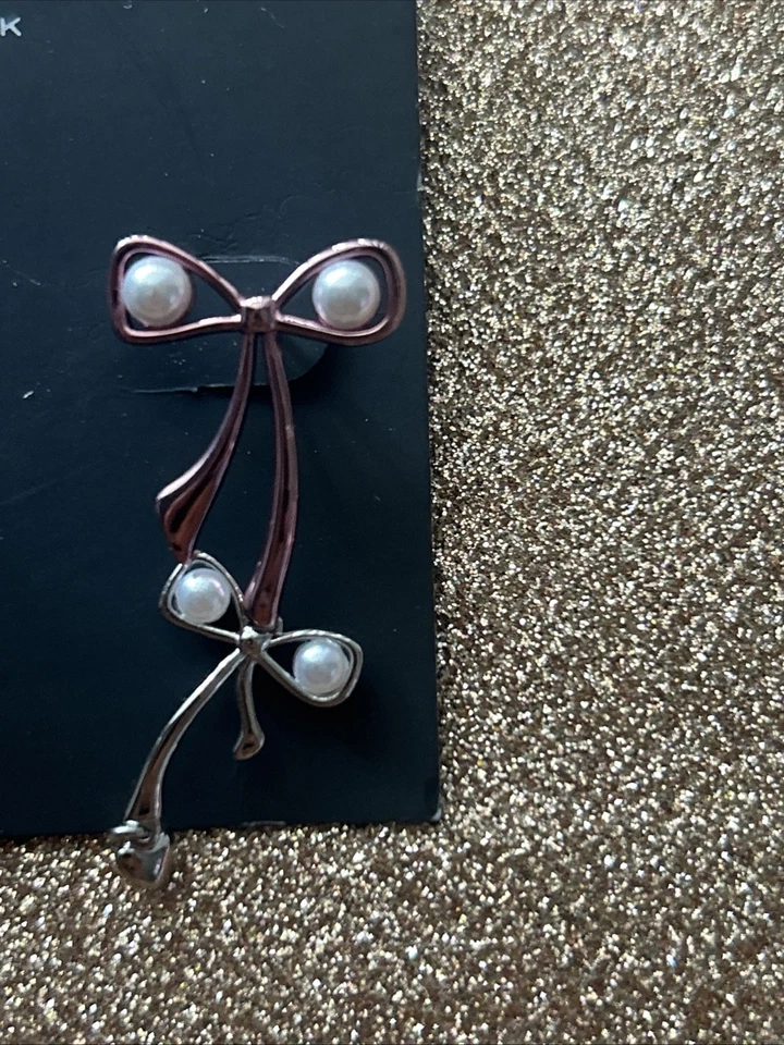 NUEVO ~ COACH Pendientes Colgantes Doble Bowtique Firma Perla Rosa/Plateado Foto 4 de 4