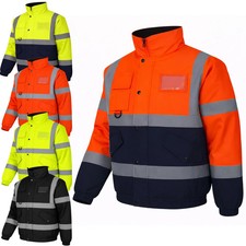 Hi Vis Waterproof Bomber Jacket Padded 300D Construction Safety Workwear Mens