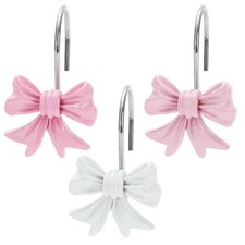 12 PCS Pink White Bow Shower Curtain Hooks Plastic Decorative Hanger Rings