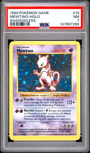 1999 POKEMON GAME BASE SET MEWTWO-HOLO SHADOWLESS #10 PSA 7