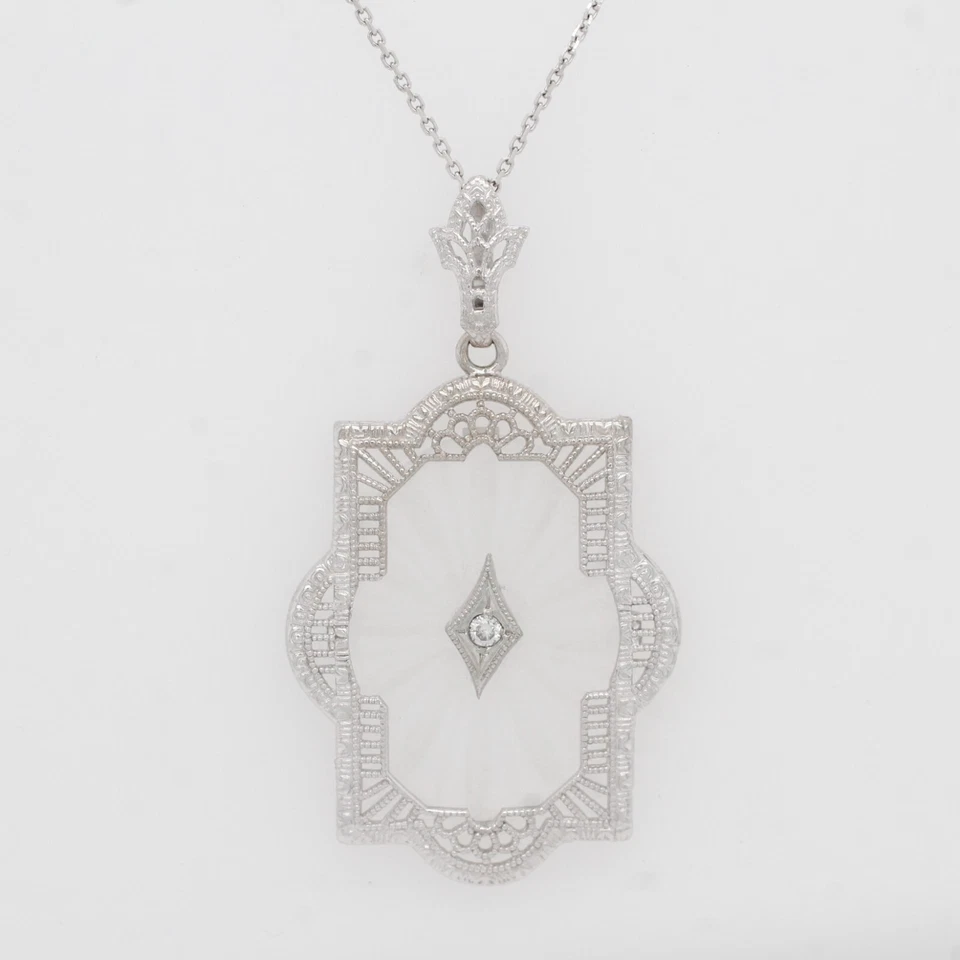 Antiguo colgante Art Deco de diamantes y cristal de roca - Collar de oro blanco de 14k - 17" Foto 2 de 4