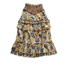 Love the Label Lucille Midi Skirt Womens Medium Cream Blue Floral Cotton Smocked