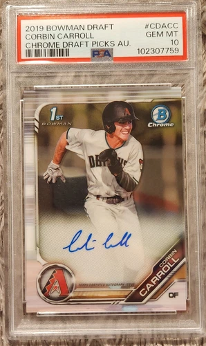 2019 BOWMAN DRAFT CHROME DRAFT PICKS AUTO #CDACC CORBIN CARROLL PSA 10 GEM MINT
