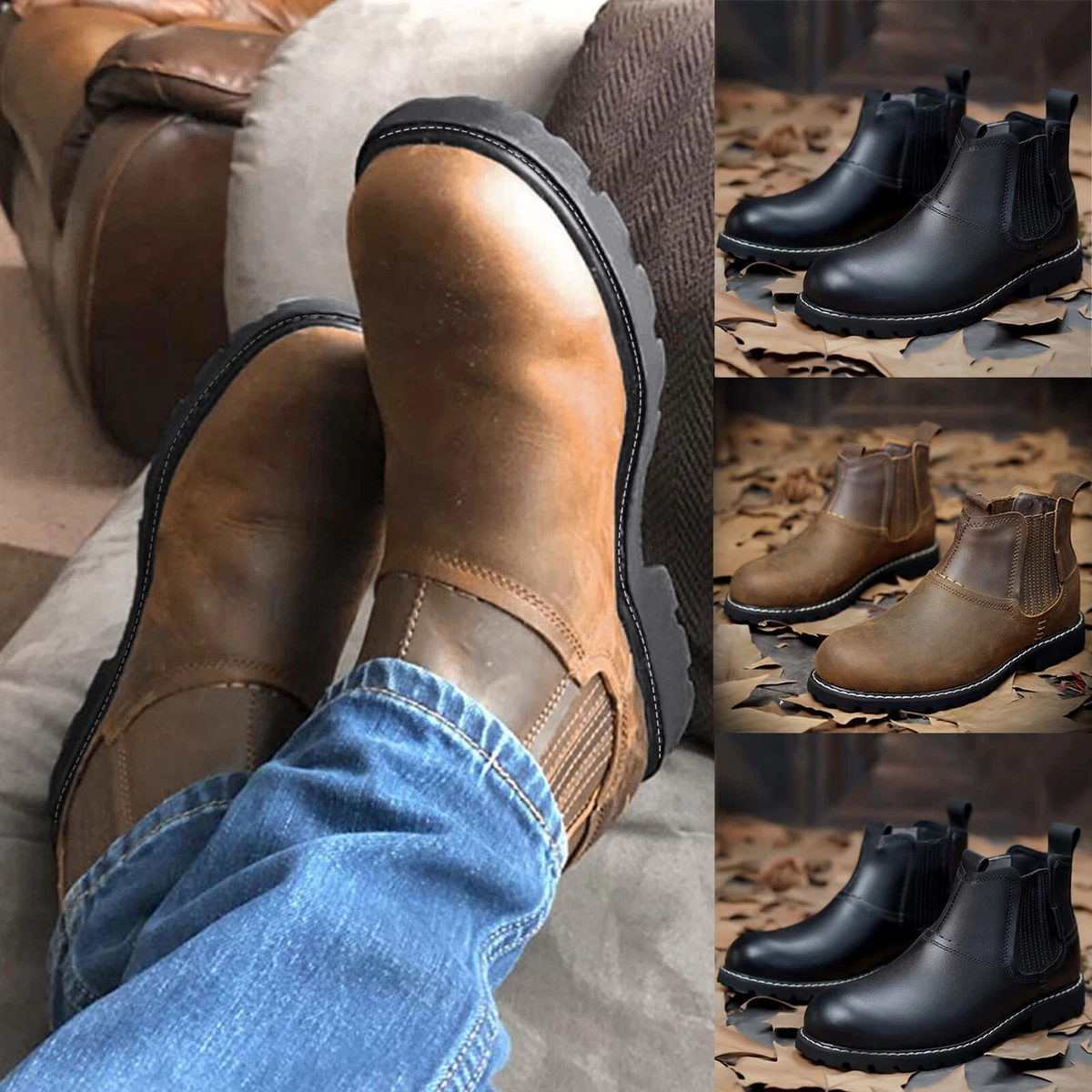 Mens leather slip on boots sale