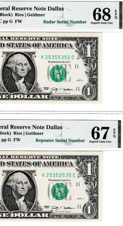 $1  Federal Reserve Notes RADAR & REPEATER S/N 25355352 & 25352535 DALLAS PMG 68 - Image 2 of 3