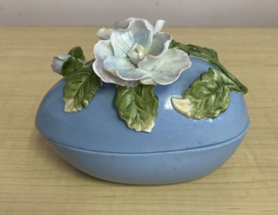 Vintage Blue Porcelain Oval Egg Trinket Box Iridescent Flowers Vanity Easter