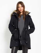 New Lost Ink Dark Blue Swing Style Parka Faux Fur Trim Hood Winter Warmer Uk 8