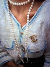 CHANEL 07P VINTAGE TWEED ECRU JACKET BLUE TRIM Gold CC LOGO BUTTONS FR42