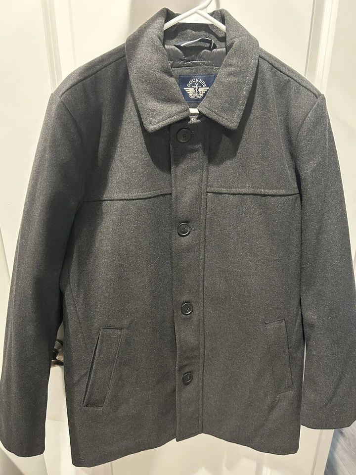 Dockers Men’s Wool Blend Scarf Coat Button & Zipper Closure Size Medium Charcoal