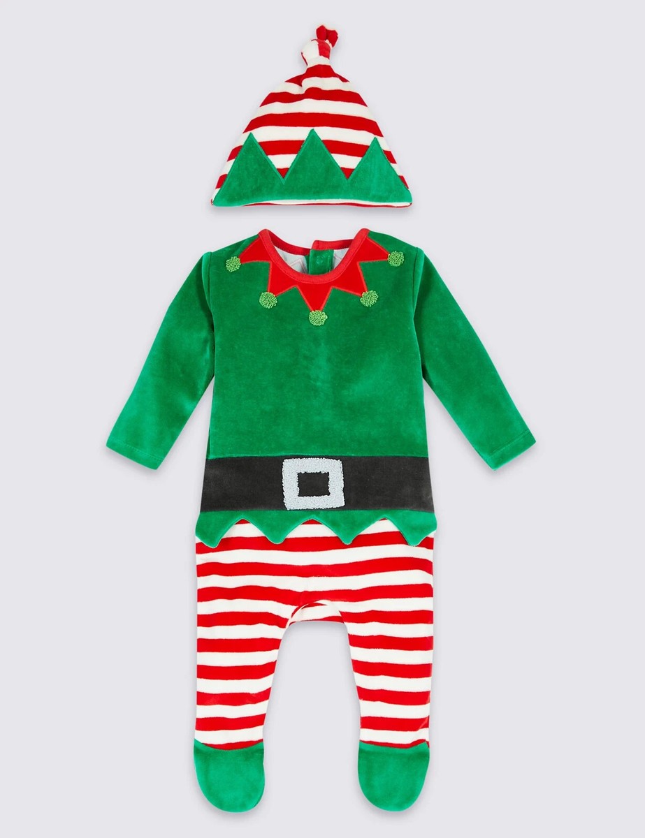Baby Elf Outfit Sleepsuit Hat Christmas Babygrow Xmas Eve Velour