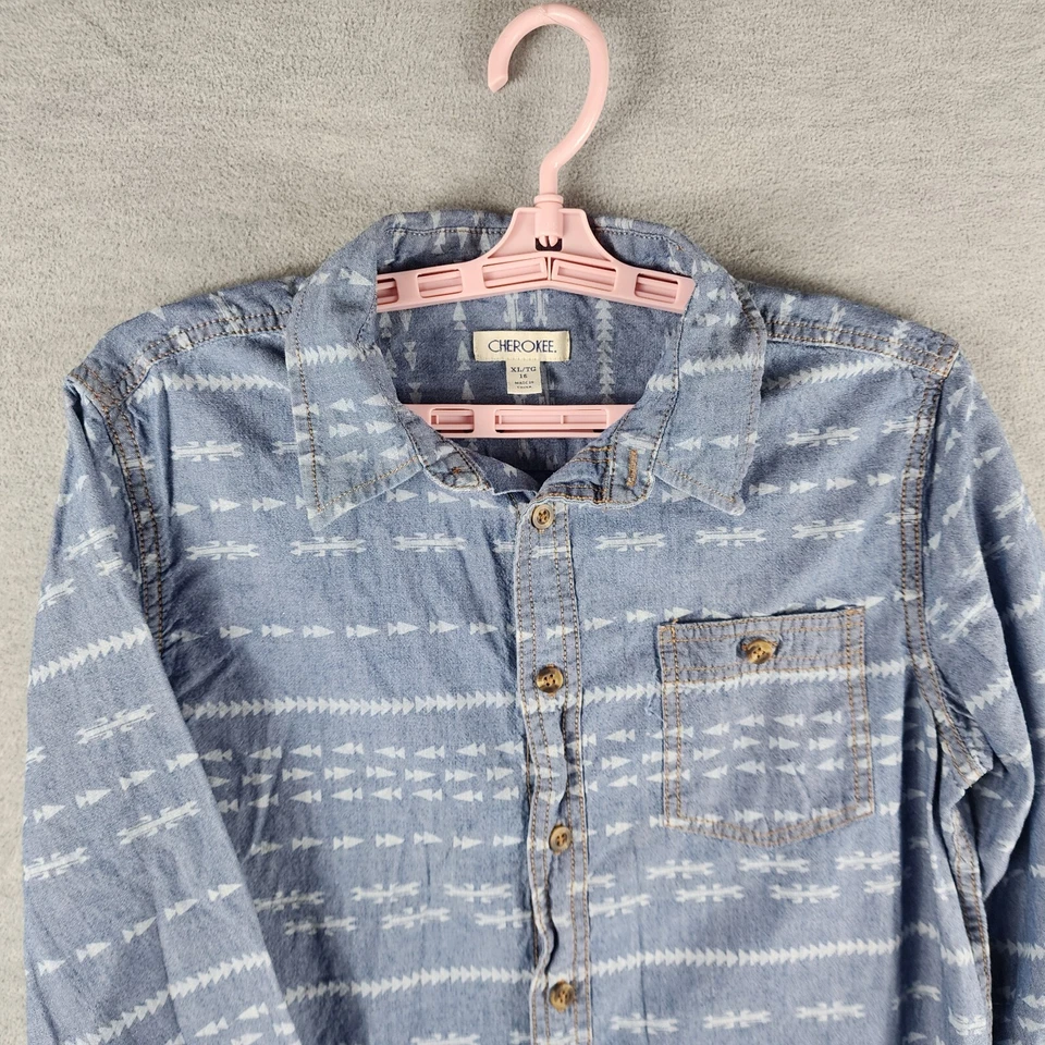 Cherokee Youth Button Up Aztec Shirt XL 16 Light Blue Denim Long Sleeve Casual - Image 2 of 4