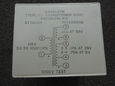  Sterling Transformer Pri. 115V  Sec. 65V,  28V,  5V 
