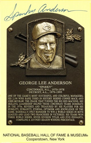 Sparky Anderson signed Autogramm HOF Plakette gelb Postkarte