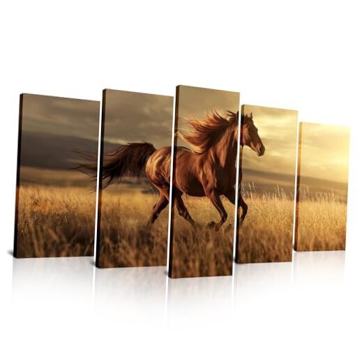 5 Pieces Modern Large Canvas Animal Wall Art Majestic in Golden Field at Horse