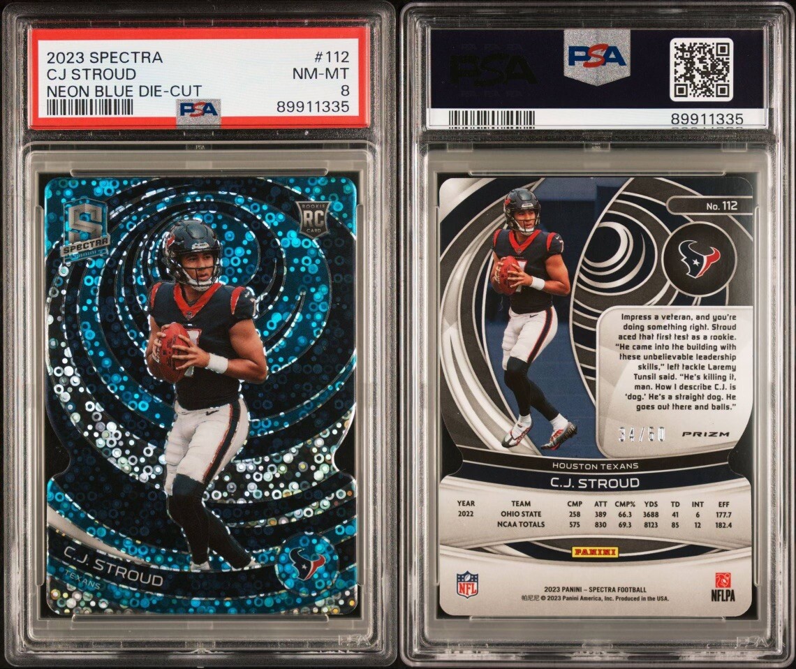 2023 Panini Spectra C.J. Stroud 34/50 Neon Blue Die-Cut PSA 8 One Pop Highest view 3