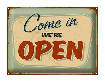 Blechschild Retro 40x30 cm Come in we`re open Metall Deko Schild tin sign