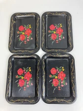 Lot 4 VTG Black Red Rose Floral Toleware 6.75" Metal Mini Serving Coin Tip Trays