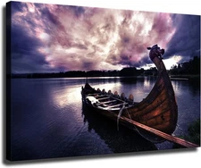 Viking Ship in Misty Fjord Poster Painting Canvas Wall Art Living Room Bedroom