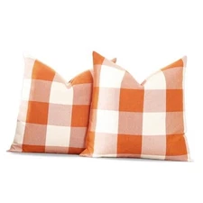 CARRIE HOME Fall Orange Plaid Pillow 22" x 22" (Pack of 2) Orange Buffalo Plaid