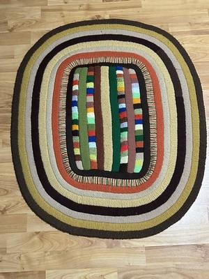 Vintage Crochet Oval Floor Rug 3' Brown Orange Green Autumn Fall Colors