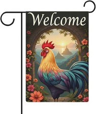 Rooster Red Floral Farmhouse Welcome Double Sided Garden Flag, 12 x 18 Inch