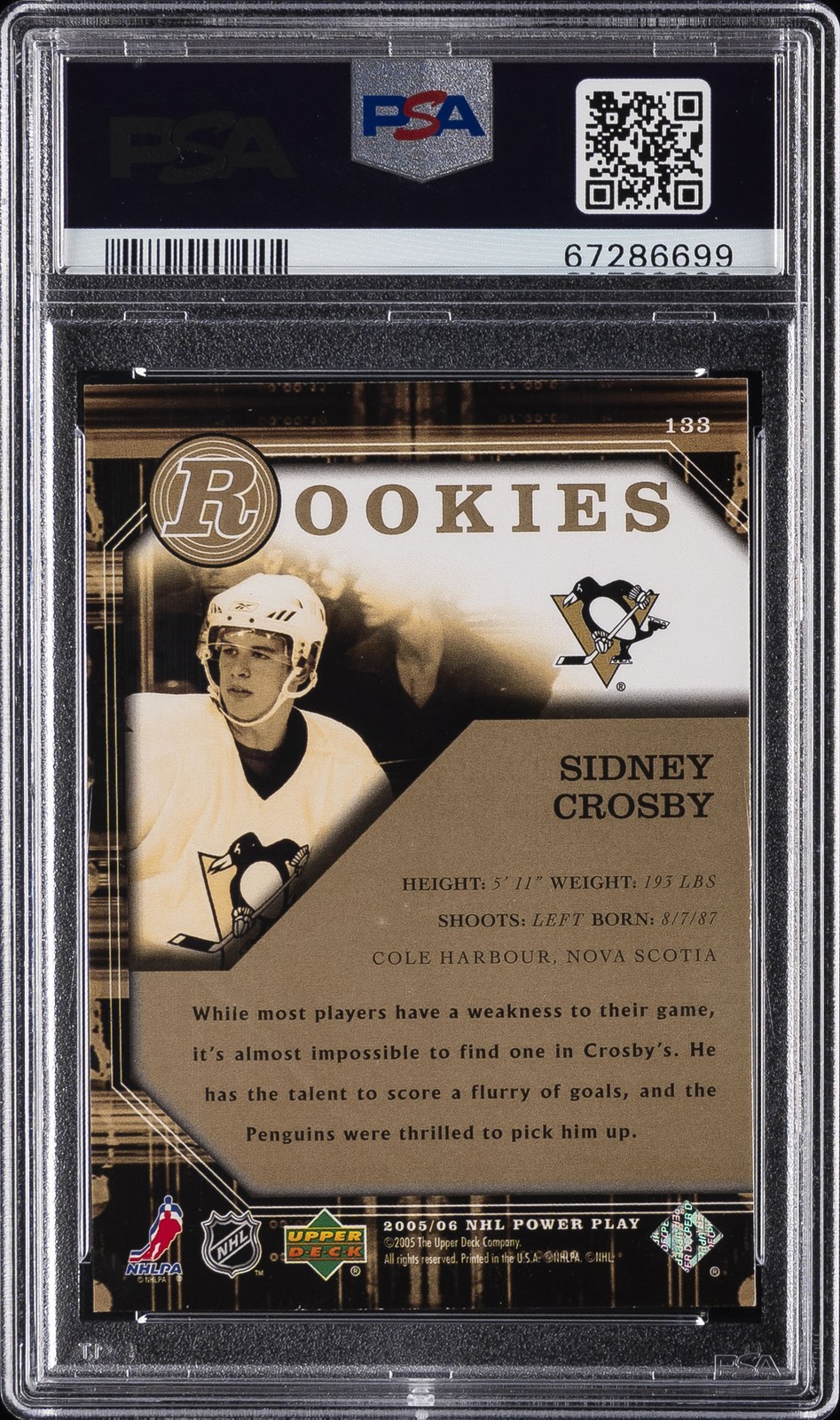 2005 UD POWER PLAY #133 SIDNEY CROSBY ROOKIE RC PSA 10 view 2