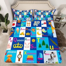 Kids ABC Alphabet Bed Sheet Set Queen Size, Educational Fitted Sheet Boys Gir...