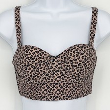 Classic Structured Bikini Swimsuit Top in Tan and Black Leopard Print Size XL