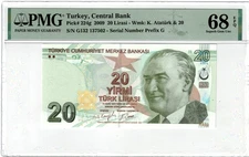 2022 Turkey 20 Turkish Lira Banknote P224f Prefix G UNC PMG 68