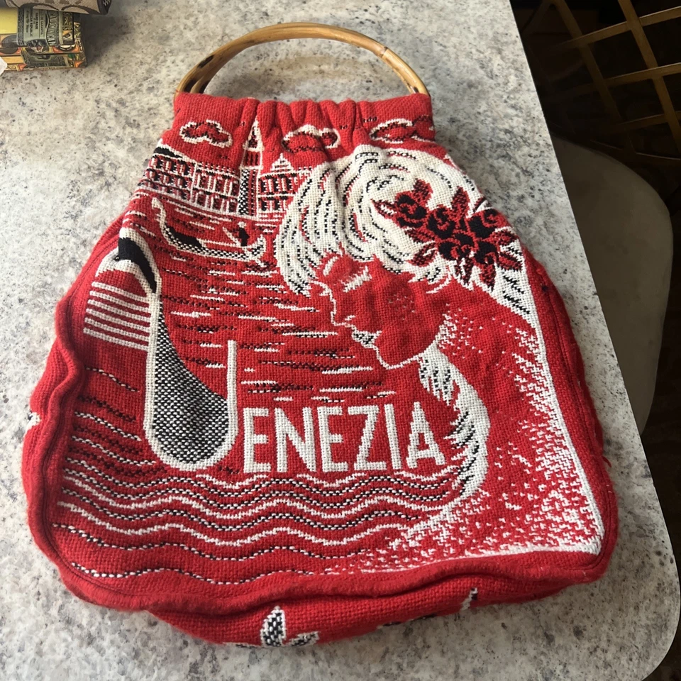 "Cartera tapiz ITALIA Venezia mango de madera roja vintage 15""" Foto 3 de 3