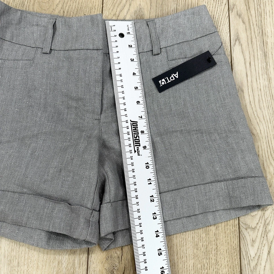 Nuevo con etiquetas Pantalones Cortos Apt.9 Mujer Frente Plano Lino Metálico Talla 4 Bolsillos Puños Gris Foto 2 de 4
