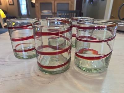 POTTERY BARN RED RIBBON HANDCRAFTED DRINKWARE SET OF 5 SHORT DRINK GLASSES 