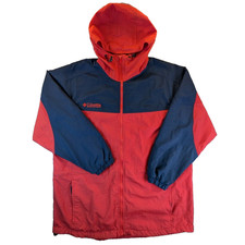 Columbia Jacket Medium Women's Red Hooded Color Block Windbreaker Outdoor Nylon