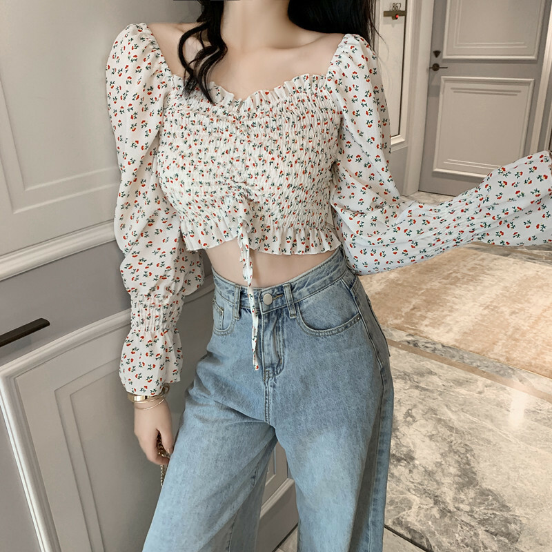Women Floral Chiffon Crop Top Off Shoulder Blouse Lolita Pleated T