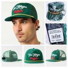True Religion Trucker Hat Green/Red Rose White - Limited Retro Snapback Cap NWT