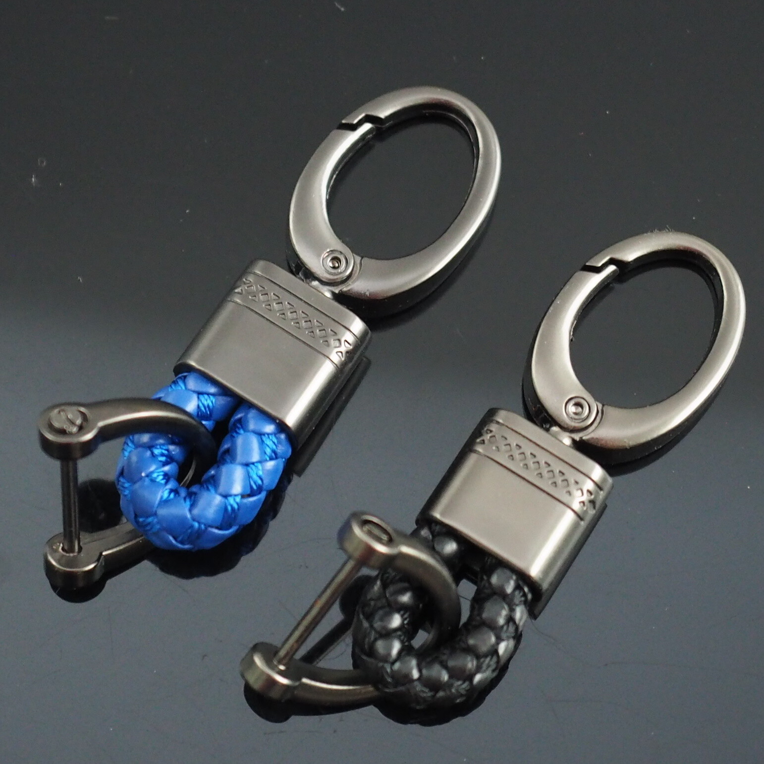2pcs Blue & Black Woven Leather Fob D-Ring Buckle Keychain Key Ring Holder Clip