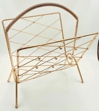 Vintage MCM Atomic Record Magazine Rack Holder Brass Plated Wire Wrapped Handle 