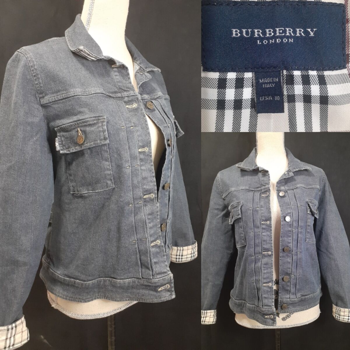 Burberry Women 10 Denim Jacket Nova Check Pleats Cornflower Burberry Women 10 Denim Jacket Nova Check Pleats Cornflower