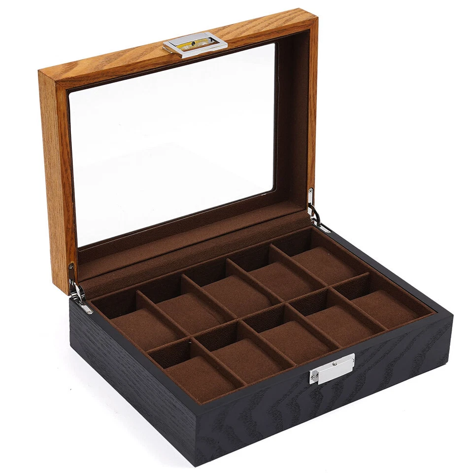 Caja de reloj organizadora de madera de 10 ranuras vitrina de almacenamiento de joyas de vidrio superior + cerradura Foto 4 de 4