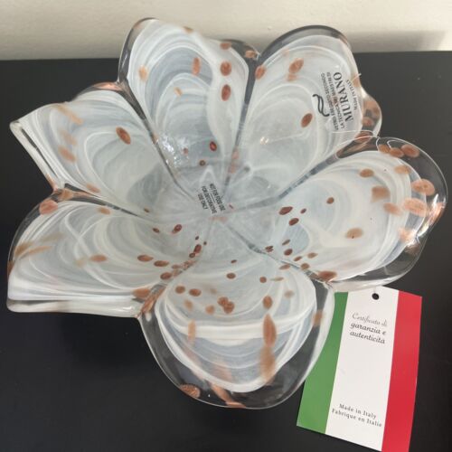 Cuenco de vidrio artístico de Murano blanco metálico dorado flor para exhibición o vela votiva - Imagen 3 de 5