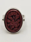 Vintage Sterling Silver Carved Red Floral Cinnabar Ring Size 7