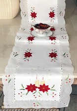 Vintage Christmas Poinsettia Embroidery Runner/Topper 16x54" 16x72" White