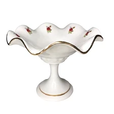 Vintage 1970s Footed Compote Ruffle Candy Dish Gold Rim Floral Signed Mathers