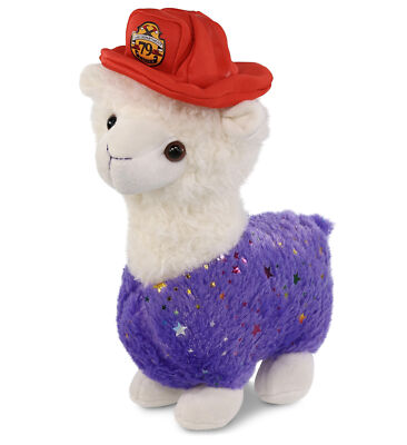 DolliBu Sparkle Purple Llama Firefighter Plush with Red Fireman Hat - 11 Inches