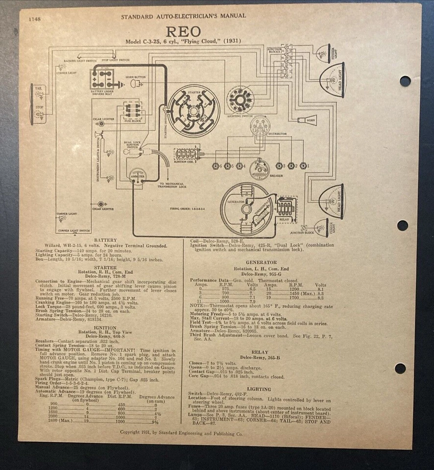 Auto Electricista Esquema 1931 Pontiac Modelo 401 1931 REO Modelo C-3-25 Foto 2 de 2