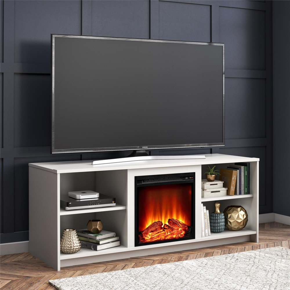 Fireplace TV Stand Electric Space Heater White Wood Shelf for TVs up to 65  in. - NewIt